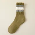 Thick ribbed knit winter women socks green striped warm cotton mid tube socks cozy fashion - One Size / Army Green