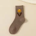 Damen Herbst Winter braune Baumwolle Socken mittellang mit gelbem Tulpen Strickmuster gemütlich - Einheitsgröße / 430 Kaffee Große Blume