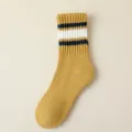 Women's thick striped mid-calf cotton socks in mustard yellow, warm winter fleece knit. - One Size / Yellow