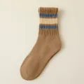 Thick knitted mid-tube socks for women with stylish blue and beige stripes, cozy and warm for winter. - One Size / Coffee