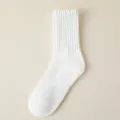 White ribbed knit mid-calf thermal socks for women, cozy winter warm cotton hosiery. - One Size / White