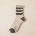 Damen dicke Winter warme gestreifte Wadenstrümpfe beige dunkelgrau gemütliche Baumwoll Socken - Einheitsgröße / 446 Weiß Basis Vier Streifen