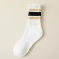 Women's thick striped mid-calf cotton socks, white with black and khaki ribbed cuffs. - One Size / White