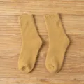 Women Winter Warm Mid-Calf Socks Thickened Fleece Solid Mustard Yellow Cotton Hosiery - One Size / Yellow