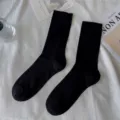 Plain black ribbed crew socks, comfortable cotton-feel breathable summer casual socks - One Size / Black