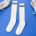 White high tube socks for women, knee high socks with double stripes, classic casual hosiery. - One Size / White