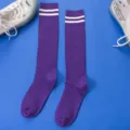 Japanese style purple knee high socks with white double stripes for women daily wear - One Size / Purple