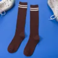 Brown women knee high socks with white striped ribbed design stylish college style - One Size / Coffee