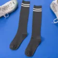 Dark grey women knee high socks with two white stripes, cotton ribbed long tube knit socks. - One Size / Gray