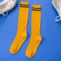 Women Japanese style yellow high tube socks with ribbed texture and two black stripes versatile. - One Size / Yellow