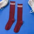 Women Japanese style ribbed knee high socks burgundy with double white stripes casual long hosiery - One Size / Burgundy
