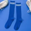 Japanese style blue knee high socks with white double stripes, classic casual hosiery fashion. - One Size / Dark Blue
