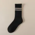 Thickened wool winter socks for men, black mid-calf thermal socks with classic double stripes. - One Size / Black