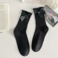 Black ruffle crew socks with satin bow sweet lolita kawaii vintage cute hosiery leg warmers - One Size / Large Bow Black