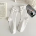 White ruffly bowknot mid-calf socks sweet lolita cotton knit socks for women daily cute wear - One Size / Large Bowknot White