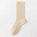 Beige geribbelde kuitkousen voor dames, eenvoudige effen casual dagelijkse kousen stijl. - Eén maat / Huidskleur