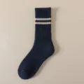 Navy wool winter warm mid tube double stripe thick towel loop men casual crew socks - One Size / Navy Blue