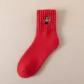 Red winter warm wool mid-calf socks with cute embroidered cuff design for daily wear. - One Size / Top Scorer