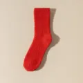 Red plush women winter sleeping socks, thick coral fleece cozy mid-tube floor socks item - One Size / Red