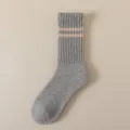 Men's wool winter warm mid-calf thermal thick terry socks with stylish double stripe design. - One Size / Light Gray