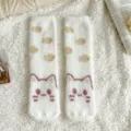 Calcetines de invierno de felpa con bonitos patrones de gato y pez, muy suaves y abrigados. - Talla única / Gato y pez