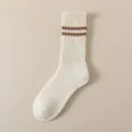Calcetines de lana gruesos de tubo medio para hombre con rayas marrones invierno térmico cálido - Talla única / Blanco