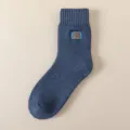 Thickened fleece-lined men wool mid-calf socks with cute embroidery patch, dark blue variant. - Navy Blue
