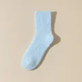 Light blue fluffy coral fleece mid-tube socks for women cozy winter sleep wear item - One Size / Light Blue