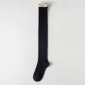 Schwarze Damen Kniestrümpfe im JK-Stil mit eleganter, beiger Spitzenverzierung. - Einheitsgröße / Vertikaler Streifen Spitzen-Stil / Schwarz