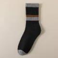 Men's Thick Striped Crew Socks Black Grey Winter Thermal Cotton Athletic Towel Sole - One Size / Black