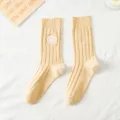 Süße japanische gerippte Damen Socken mit Stickerei, warme Baumwolle Freizeitsocken Herbst - Einheitsgröße / Khaki (Rosa Smiley)