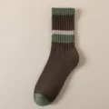 Men's thick terry sole striped mid-calf socks autumn winter cozy sports casual crew socks - One Size / Coffee