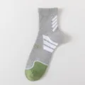 Grey men's mid-calf athletic basketball socks featuring breathable green toe and white stripe details. - One Size / Light Grey + White Stripe