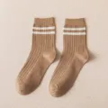 Herren Zwei Streifen Crew Socken Khaki Baumwolle Sport Mittlere Socken Alltag Neu - Einheitsgröße / Khaki