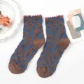 Damen süße Rüschen WadenSocken retro ethnisches Muster lässige Baumwollstrümpfe - Einheitsgröße / Marineblau