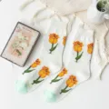Chaussettes mi-mollet mignonnes imprimé tulipe jaune crème blanc coton longues chaussettes - Taille unique / Blanc