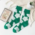 Chaussettes mi-hautes en coton vert à motif floral pour femmes, style automne et hiver. - Taille unique / Vert