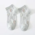 Light green women's boat socks featuring 3d floral pattern and cute vertical stripes design. - One Size / Gray