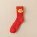 Red coral fleece thick winter mid-tube socks with cute yellow lucky cat patch for women - One Size / Tiger