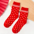 Red cotton mid-tube socks featuring white polka dots and festive wedding style design. - One Size / Dot