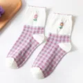 Purple checkered mid-tube socks for women, cute floral embroidered cotton casual socks variant. - One Size / Small Plaid