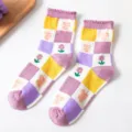 Cute vintage plaid mid-calf socks for women, sweet floral and cartoon design, cotton. - One Size / Large Gingham