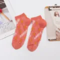 Cute pink women short socks with star patterns and letter knit design for summer wear. - One Size / Pink