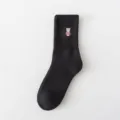 Women thick winter warm black crew socks with cute bear embroidery daily wear casual hosiery. - One Size / Black