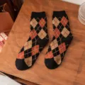 Women thick warm wool argyle socks vintage winter retro knit slouchy mid-tube socks daily. - One Size / Black
