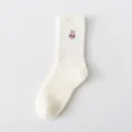 Cozy white thermal fleece winter mid-tube socks with cute bear embroidery for women - One Size / White