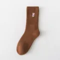 Women's thick warm winter brown crew socks with cute cartoon bear embroidery design. - One Size / Dark Brown