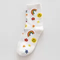 Chaussettes mi-hautes blanches en coton avec motifs colorés arc-en-ciel et smiley pour femmes. - Taille unique / Arc-en-ciel Souriant