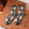 Women vintage argyle crew socks warm thick wool winter knit patterned cozy socks - One Size / Gray