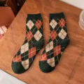 Dames vintage argyle middelhoge sokken herfst winter warme dikke wollen sokken mode casual dagelijkse kleding - Eén maat / Groen